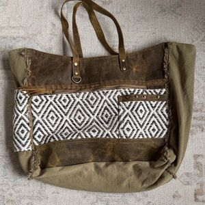 Myra Bag Brown and Olive Geometric Tote